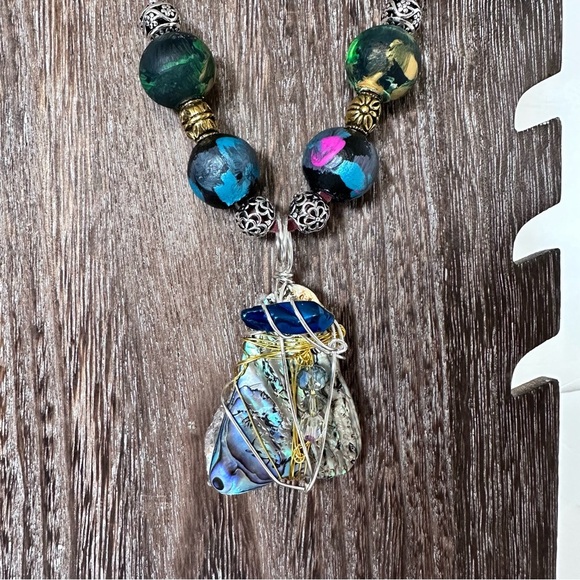 Handcrafted Abalone Shell Pendant Assemblage Art Mixed Media Necklace Leather - Picture 11 of 11